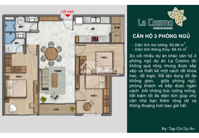 Thiết kế căn hộ La Cosmo 3 phòng ngủ.