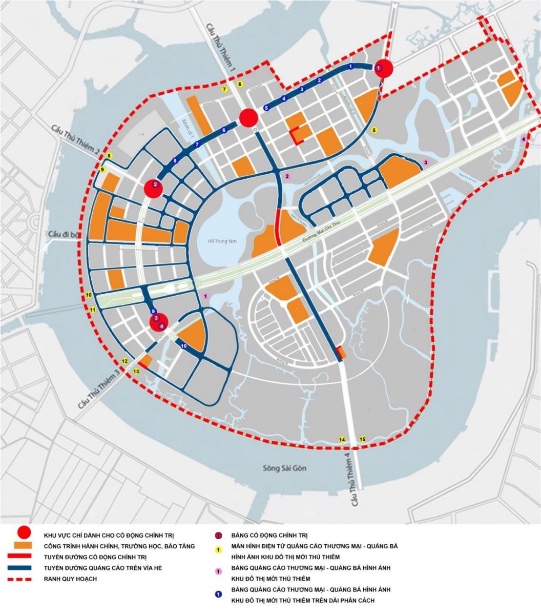 Sơ đồ 2: Các địa điểm lắp đặt phương tiện quảng cáo ngoài trời tại Khu đô thị mới Thủ Thiêm năm 2022.
