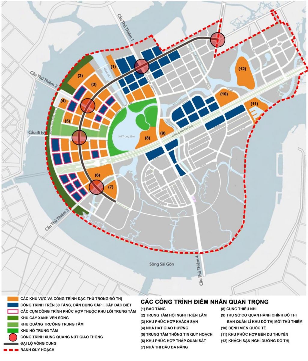 Sơ đồ 3: Các khu vực có ý nghĩa quan trọng về cảnh quan và vị trí các cửa ngõ khu đô thị tại Khu đô thị mới Thủ Thiêm năm 2022.