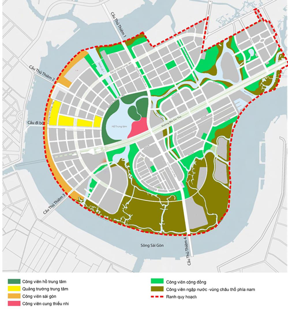 Sơ đồ 5: Các không gian mở công cộng tại Khu đô thị mới Thủ Thiêm năm 2022