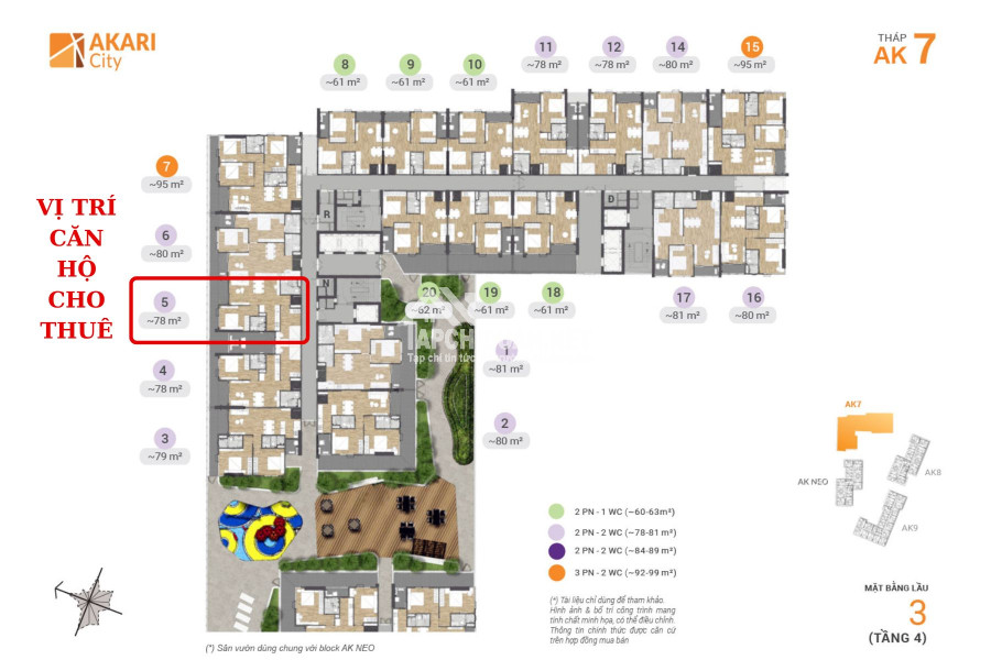 Cho Thuê Akari City Tầng Thấp căn hộ 2PN diện tích 78m2 Giá Thuê 12 triệu/tháng